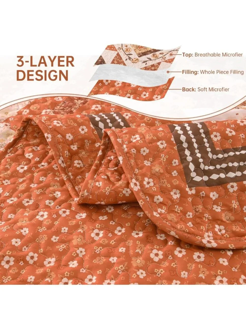 Cozy Patchwork Queen Quilt Set - Fall Orange Floral Farmhouse Bedspread